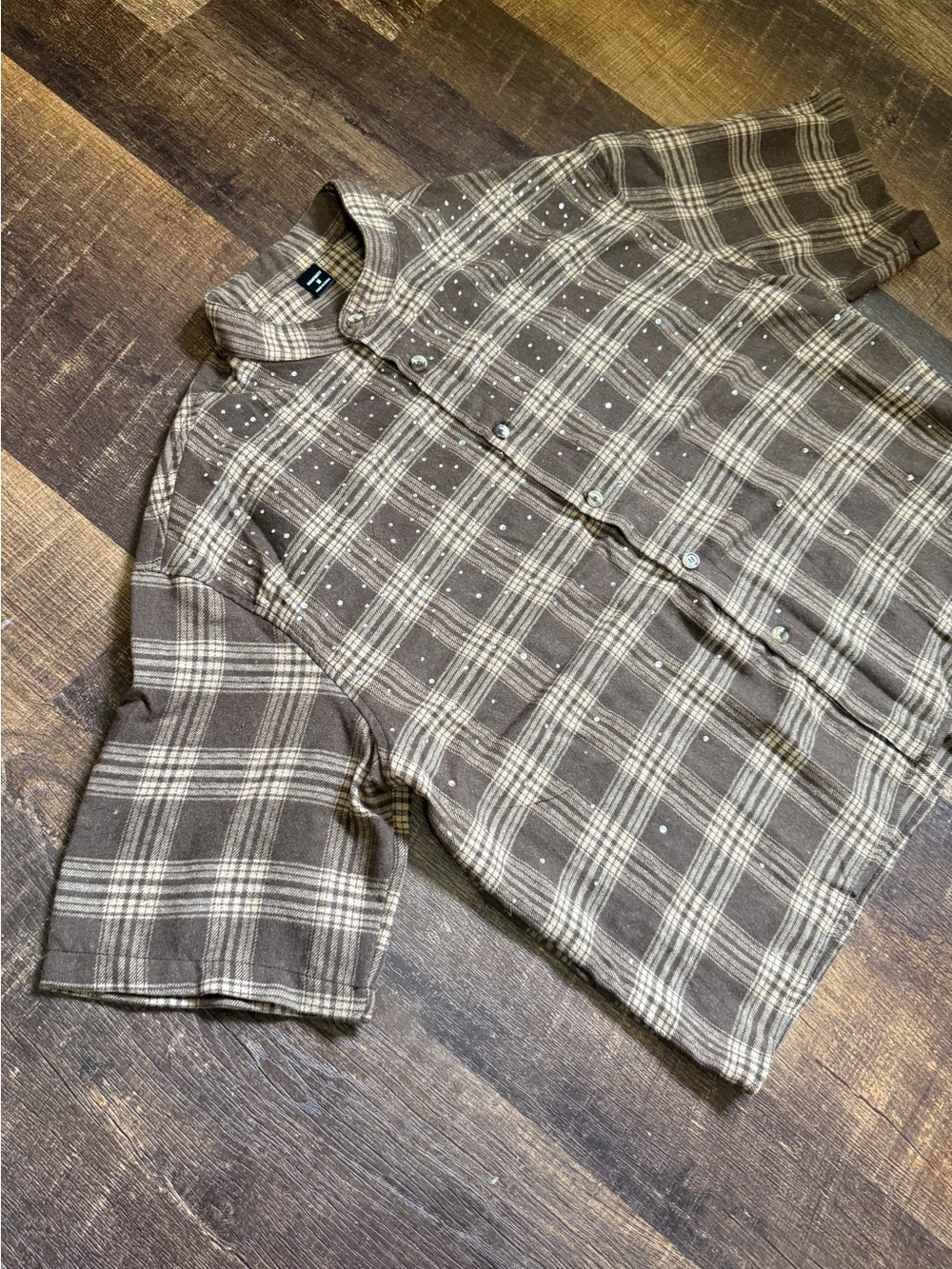 Brown Oversized Plaid Crop Top / Medium